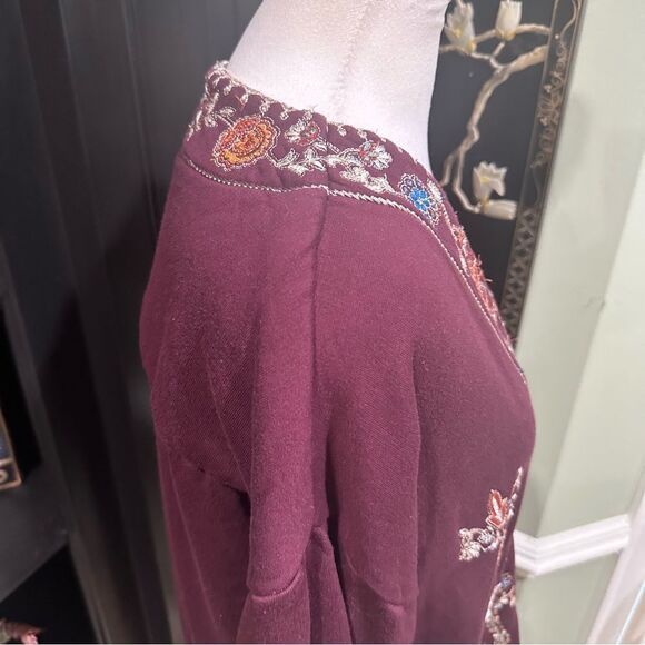 Soft Surroundings Embroidered Maroon Open Front Cardigan Size Medium - Picture 9 of 15